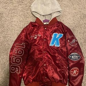 Kith “Love Thy City” varsity bomber jacket in burgundy satin